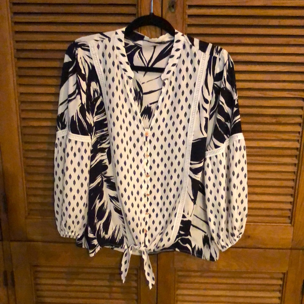 Ivanka Trump Black and White Printed Tie-Hem Blouse